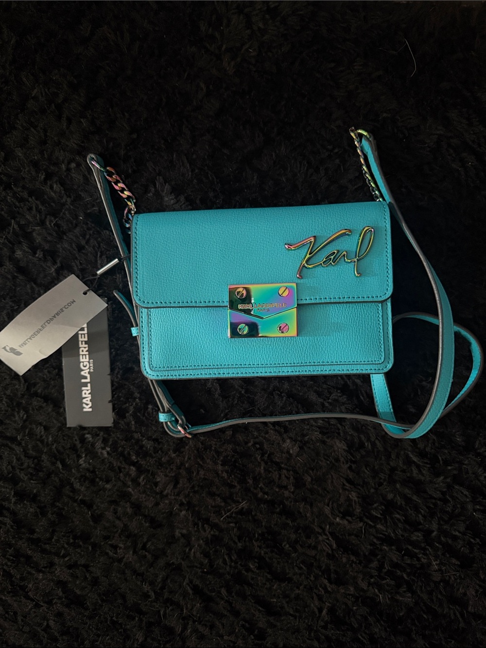 Karl Lagerfeld Turquoise Pebbled Leather Crossbody Bag with Iridescent Hardware